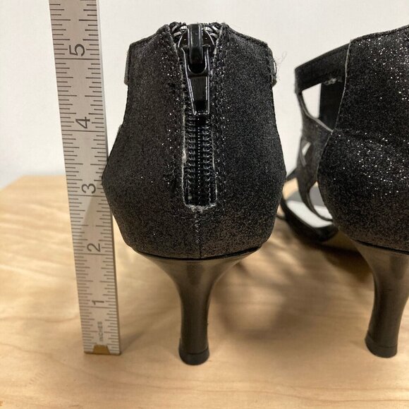 Easy Street Alive At 5 Flattery, Sz 8.5, Dress Dance Sandals Black Glitter Heels - Picture 6 of 9